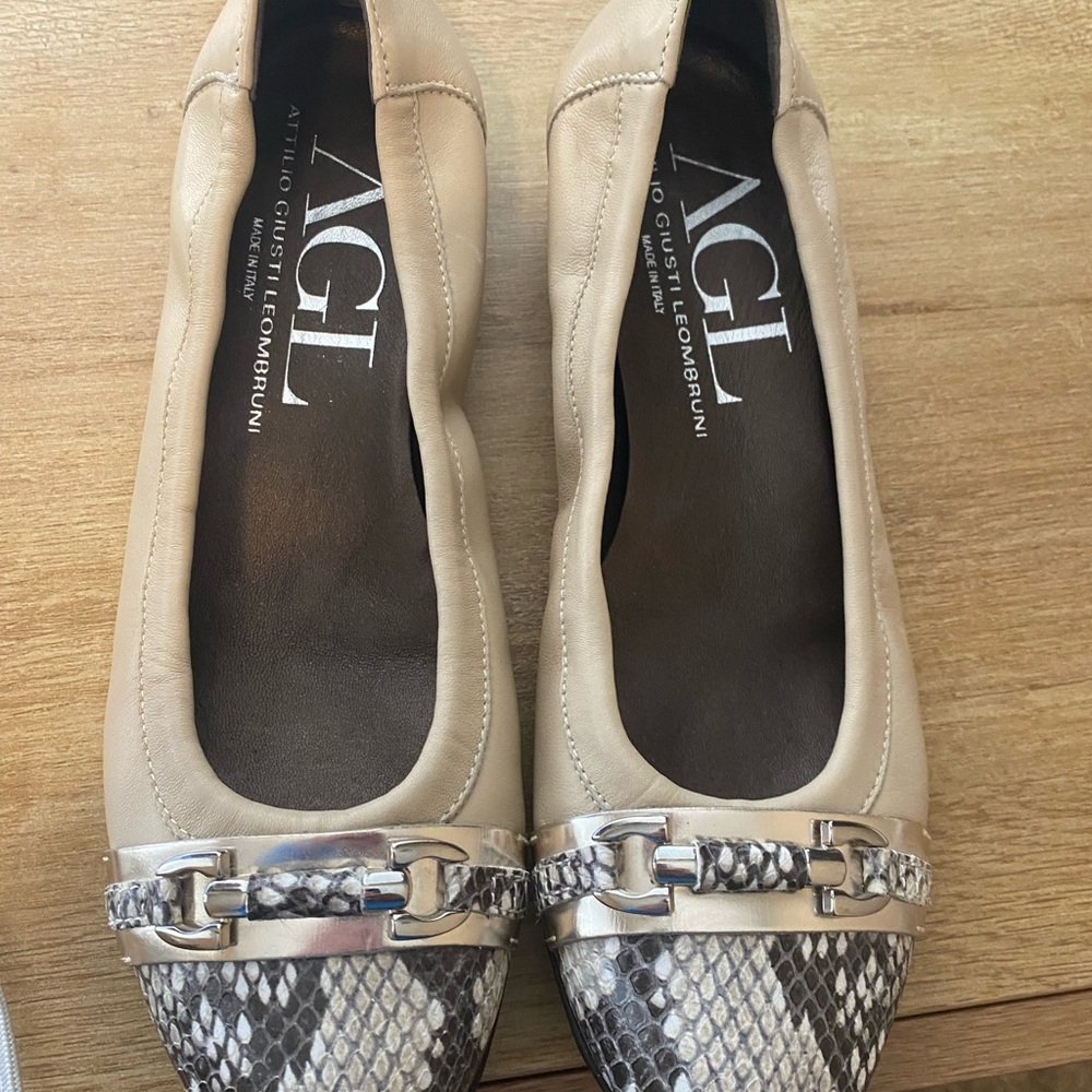 Never worn! AGL Beige Leather Ballet Flats/Snakeskin Cap Toe and Silver Hardware